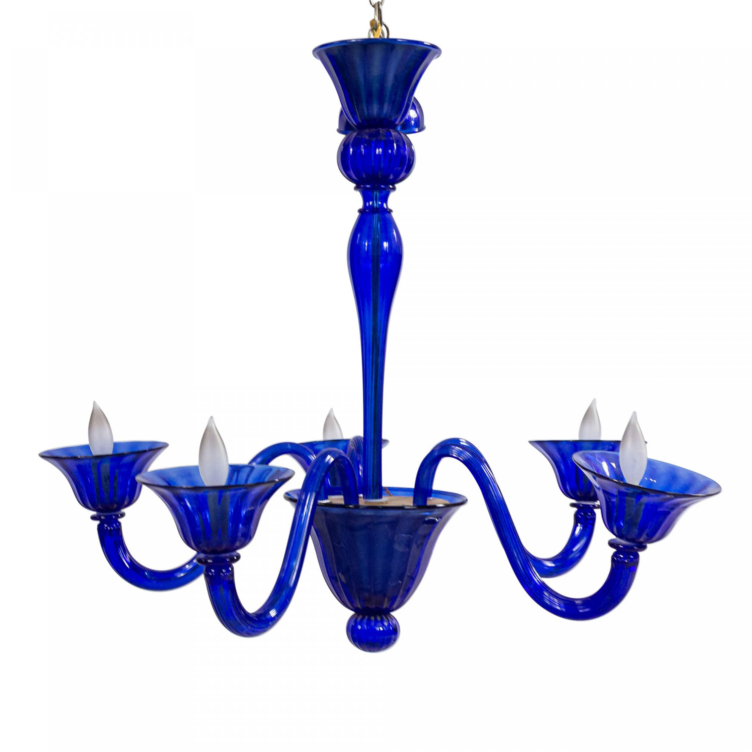 Italian venetian murano blue glass 5 arm chandelier
